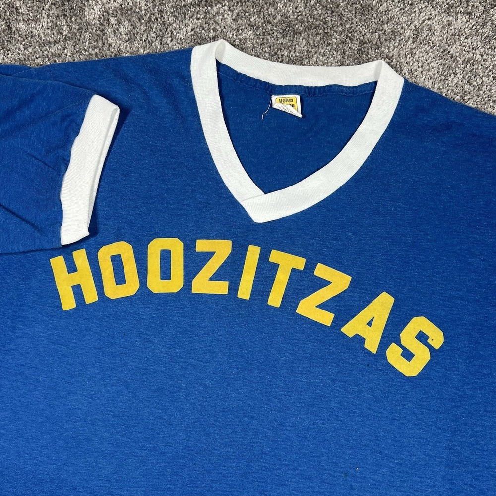 True Vintage 1970s Ringer Shirt Mens L-XL Blue Paper Thin Hoozitzas Sports Team